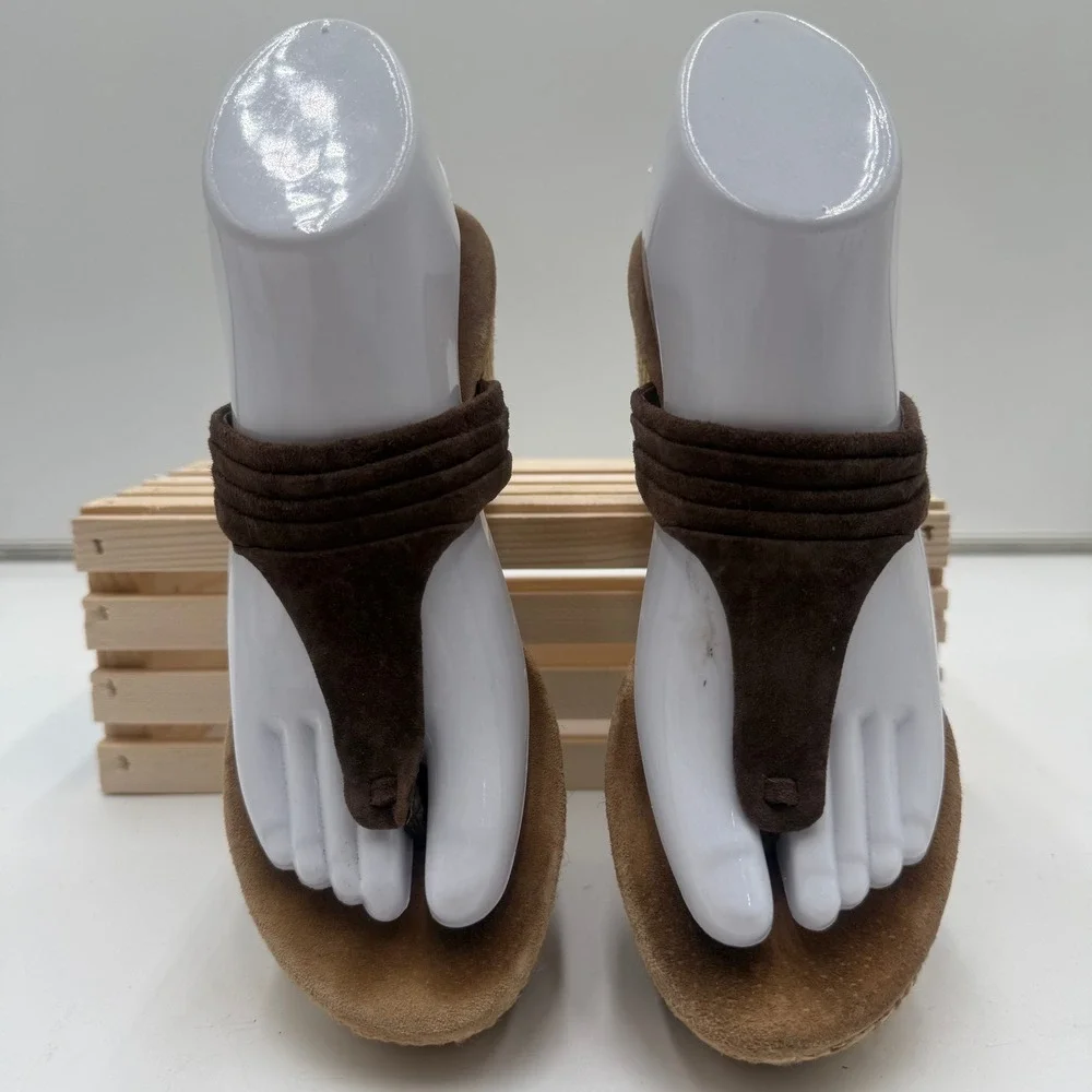 UGG Zamora Suede Woven Platform Thong Wedge Espadrille Sandals Size 7 Brown - Picture 3 of 7